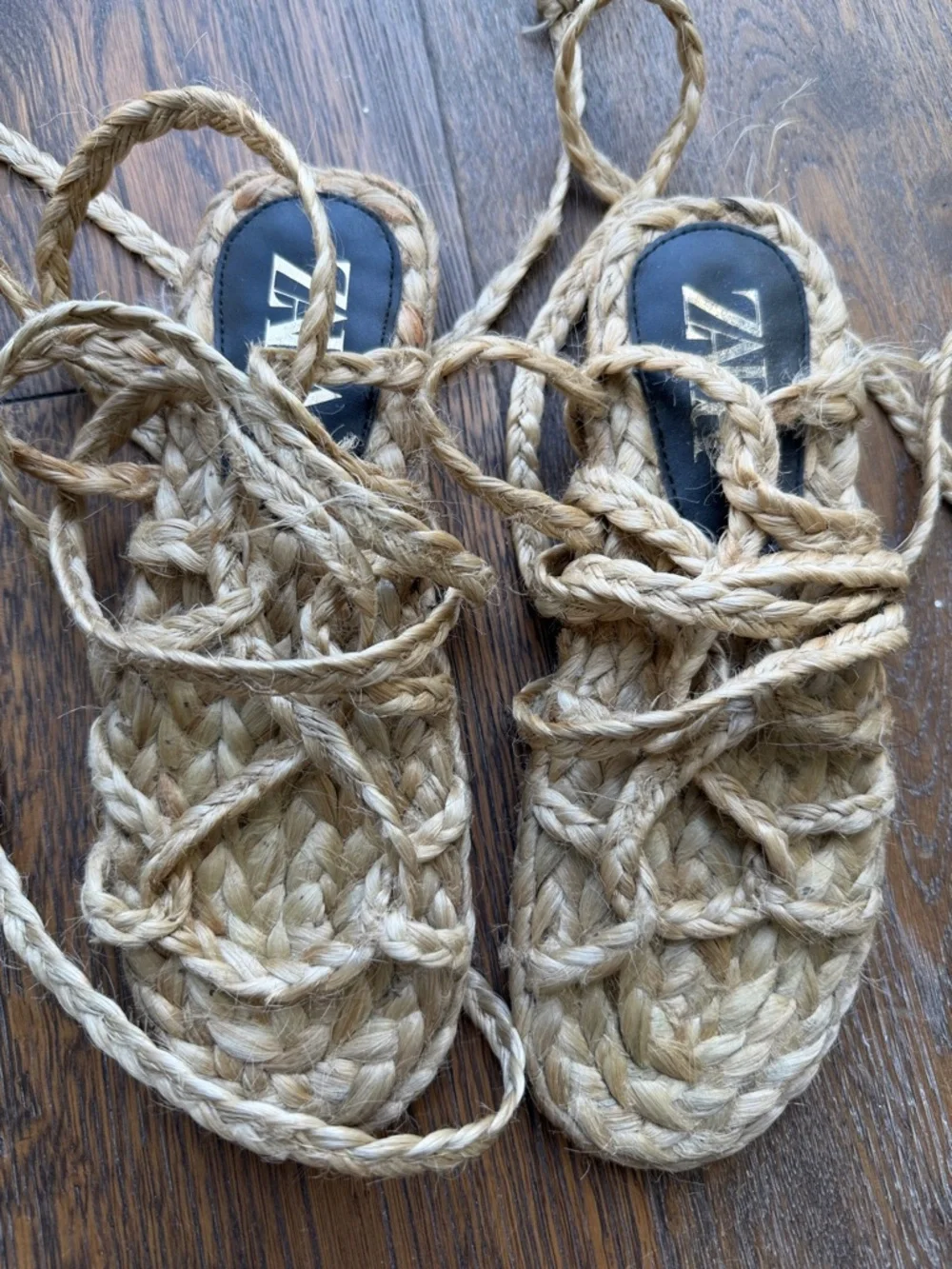 Zara Natural Braided Rope Lace-Up Sandals - Picture 2 of 3